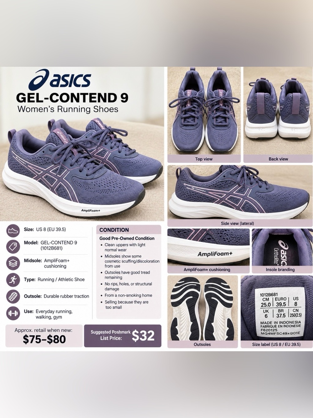 Asics Gel-Contend 9 Women's Running Shoes - Purple with White - Size 8